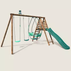 Balançoire en bois 3 agrès avec face à face et toboggan NARCISSE