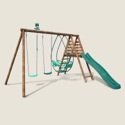 Portique en bois enfant 2 balançoires 1 vis à vis et toboggan - Narcisse