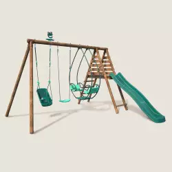 Balançoire en bois 3 agrès avec siège bébé et toboggan COLZA