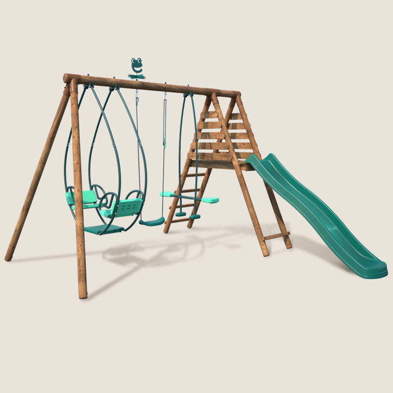 Portique en bois avec balançoire balancelle et toboggan - Nigel - Vue 3/4 droite