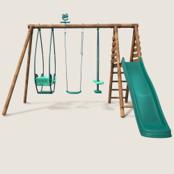 Portique en bois avec balançoire balancelle et toboggan - Nigel - Vue de face