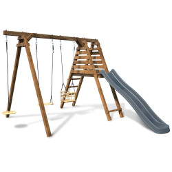 Balançoire avec toboggan en bois traité carré, Objectif Nature 3 agrès - Fleur - Vue de 3/4 - Fond blanc