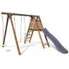 Portique balançoire avec toboggan en bois traité carré, Objectif Nature 3 agrès - Fleur