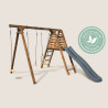 Portique balançoire avec toboggan en bois traité carré, Objectif Nature 3 agrès - Fleur