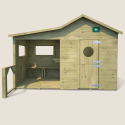Cabane en bois traité pour enfant avec préau et banc - Hacienda - Vue de face