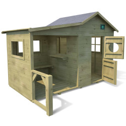 Cabane en bois traité pour enfant avec préau et banc - Hacienda - Vue 3/4 droite - Fond blanc