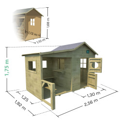 Cabane en bois traité pour enfant avec préau et banc - Hacienda - Dimensions du produit