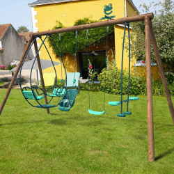 Portique en bois 4 agrès - de 6 mois à 12 ans-6 enfants - Suzanne - Usage familial en extérieur.