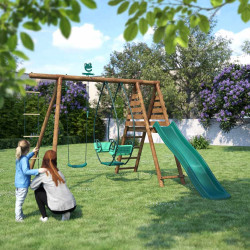 Station portique en bois 3 agrès avec échelle et toboggan - Lavande - Usage familial en extérieur.