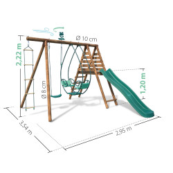 Station portique en bois 3 agrès avec échelle et toboggan - Lavande - Dimensions.
