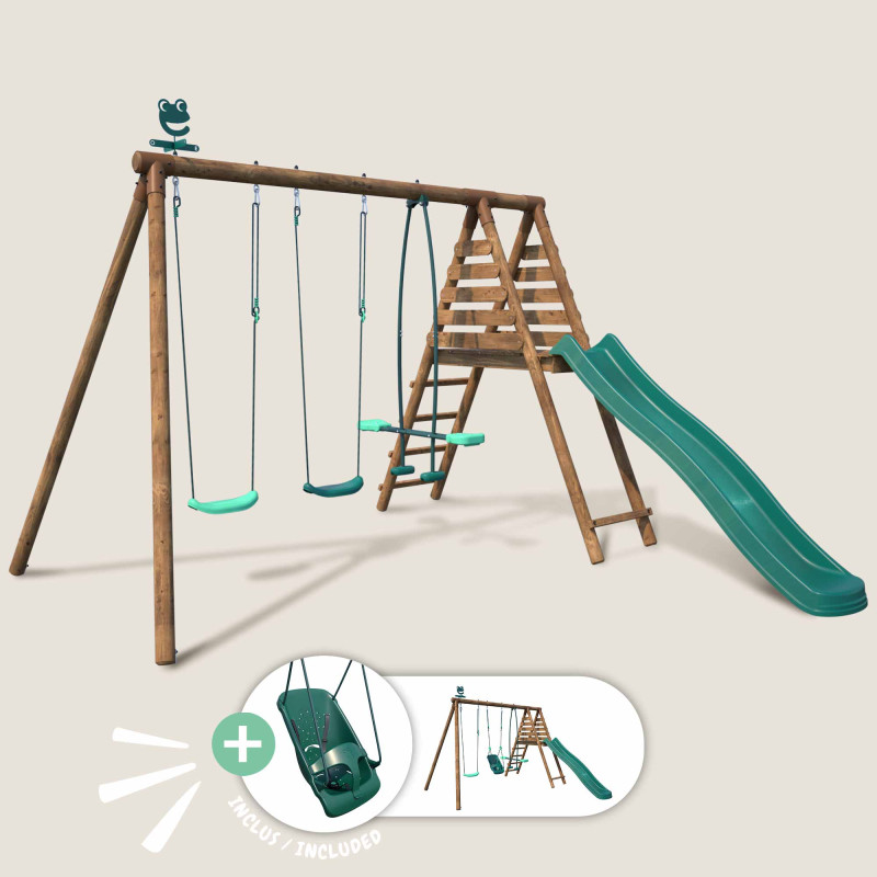 Balançoire en bois 4 agrès siège bébé, face à face, toboggan JONQUILLE - Vue de 3/4