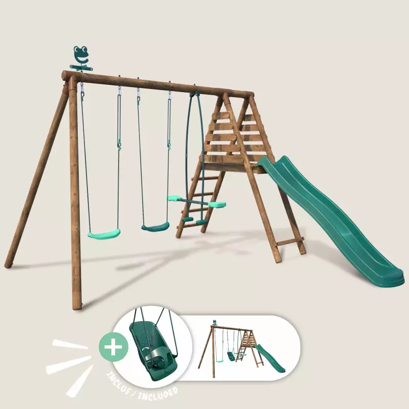 Balançoire en bois 4 agrès siège bébé, face à face, toboggan JONQUILLE - Vue de 3/4