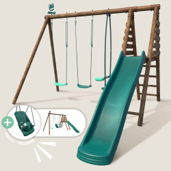 Balançoire en bois 4 agrès siège bébé, face à face, toboggan JONQUILLE - Vue de 3/4 côté droit