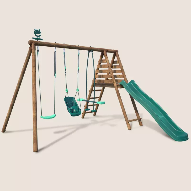 Station de jeux en bois avec portique 3 agrès et balançoire - Tulipe - Vue 3/4 droite