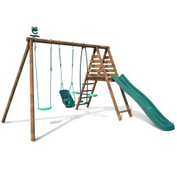 Station de jeux en bois avec portique 3 agrès et balançoire - Tulipe - Vue 3/4 droite - Fond blanc