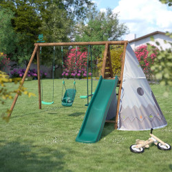 Station en bois avec portique, tipi et toboggan - Camélia - Usage familial en extérieur