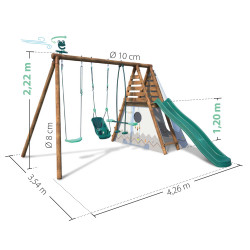 Station en bois avec portique, tipi et toboggan - Camélia - Dimensions