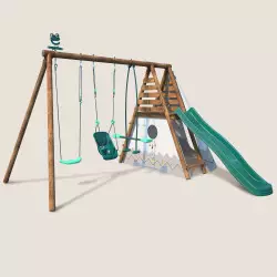 Balançoire en bois 3 agrès avec siège bébé, tipi et toboggan CAMELIA