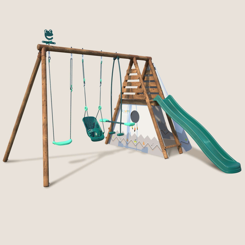 Station en bois avec portique, tipi et toboggan - Camélia - Vue 3/4 droite