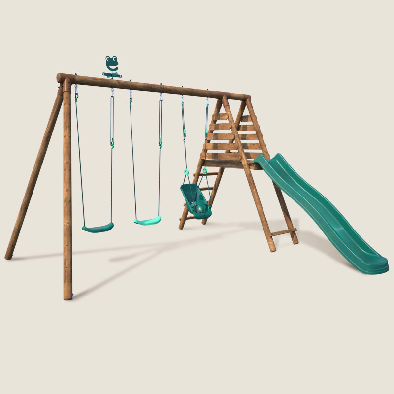 Station en bois traité pour enfant 3 agrès et toboggan - Ankara - Vue 3/4 droit