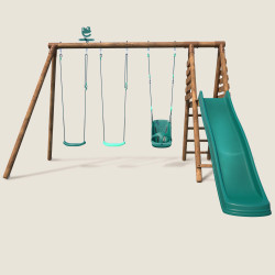 Station en bois traité pour enfant 3 agrès et toboggan - Ankara - Vue de face
