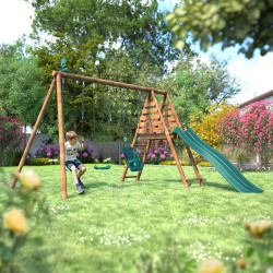 Station balançoire en bois traité pour enfant 3 agrès et toboggan - Ankara - Usage familial en extérieur - Image d'ambiance dans