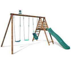 Station en bois traité pour enfant 3 agrès et toboggan - Ankara - Vue 3/4 droit