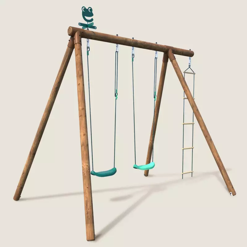 Portique en bois avec échelle et balançoire 3 agrès - Arthur - Vue 3/4 droite