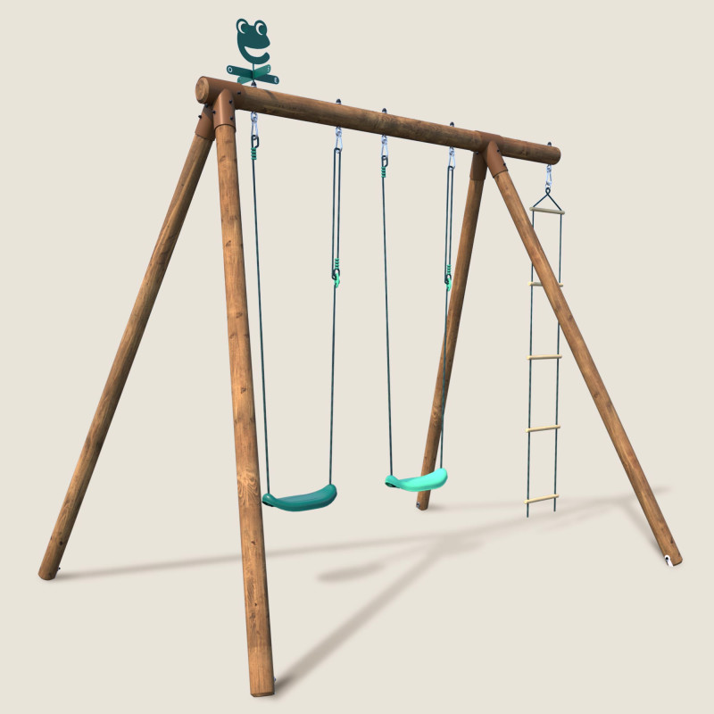 Portique en bois avec échelle et balançoire 3 agrès - Arthur - Vue 3/4 droite