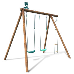 Portique en bois avec échelle et balançoire 3 agrès - Arthur - Vue 3/4 droite