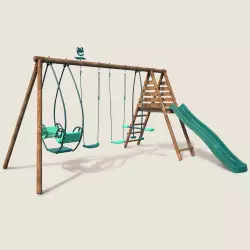 Balançoire en bois 4 agrès avec face à face et toboggan JACINTHE