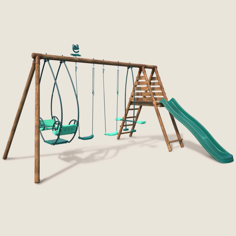Station avec portique en bois balançoire et toboggan - Jacinthe