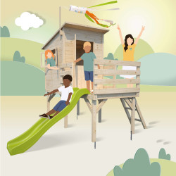 Cabane avec toboggan en bois sur pilotis pour enfants - Portland - Pour 4 enfants de 3 à 12 ans