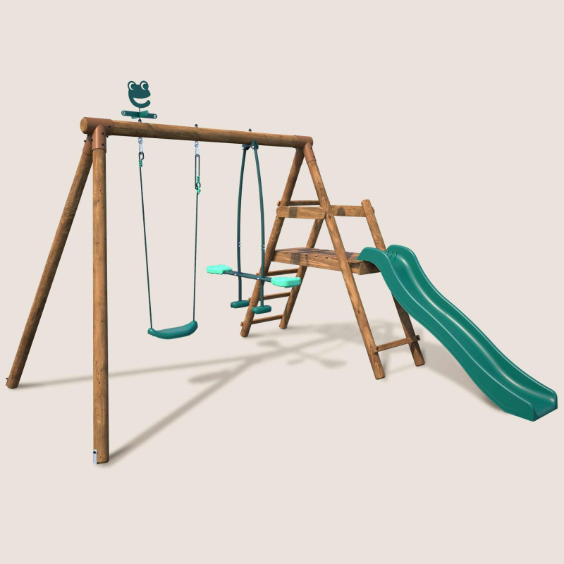 Petite station en bois 2 agrès et toboggan en plastique - Menthe - Vue 3/4 droite