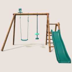 Petite station en bois 2 agrès et toboggan en plastique - Menthe - Vue de face