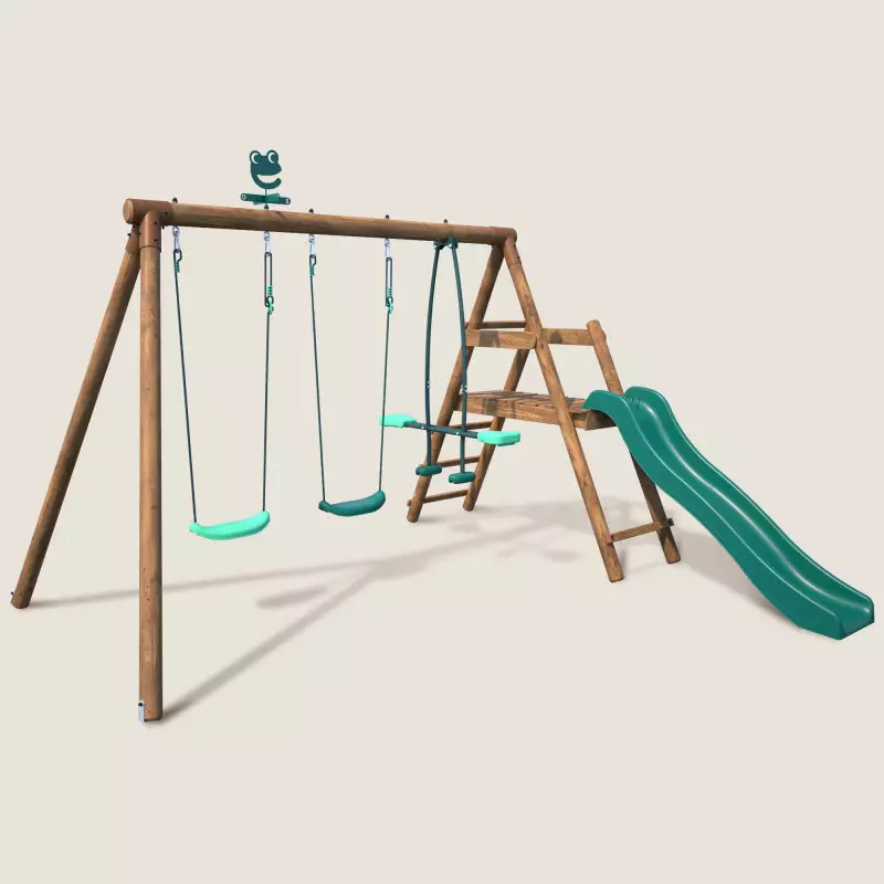 Station en bois traité pour enfant 3 agrès et toboggan - Figue - Vue 3/4 droite
