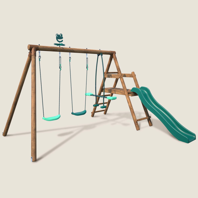 Station en bois traité pour enfant 3 agrès et toboggan - Figue - Vue 3/4 droite