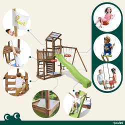 Aire de jeux pour enfant 2 tours avec portique et mur d'escalade - FUNNY Swing & Climbing 150 - Activités possibles sur la struc
