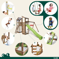 Aire de jeux pour enfant 2 tours avec pont et portique - FUNNY Swing & Bridge 150 - Activités possibles sur la structure de jeux