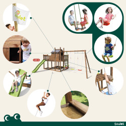 Aire de jeux pour enfant maisonnette avec portique et corde à  grimper - COTTAGE HAPPY - Activités possibles sur la structure de