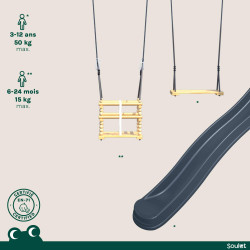 Balançoire avec toboggan en bois traité carré, Objectif Nature 2 agrès - Prune - Activités.