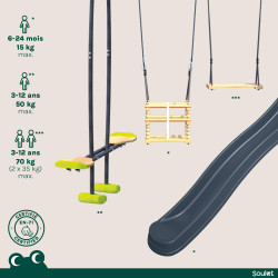 Balançoire avec toboggan en bois traité carré, Objectif Nature 3 agrès - Trèfle - Activités.