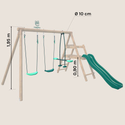 Pack Cocoon 4 accessoires - 2 balançoires - 1 face à face et 1 toboggan pour portique H195 cm Photo dimensions