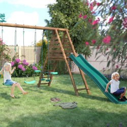 Pack 4 accessoires - 2 balançoires - 1 face à face et 1 toboggan pour portique H222 cm - Photo ambiance extérieur jardin