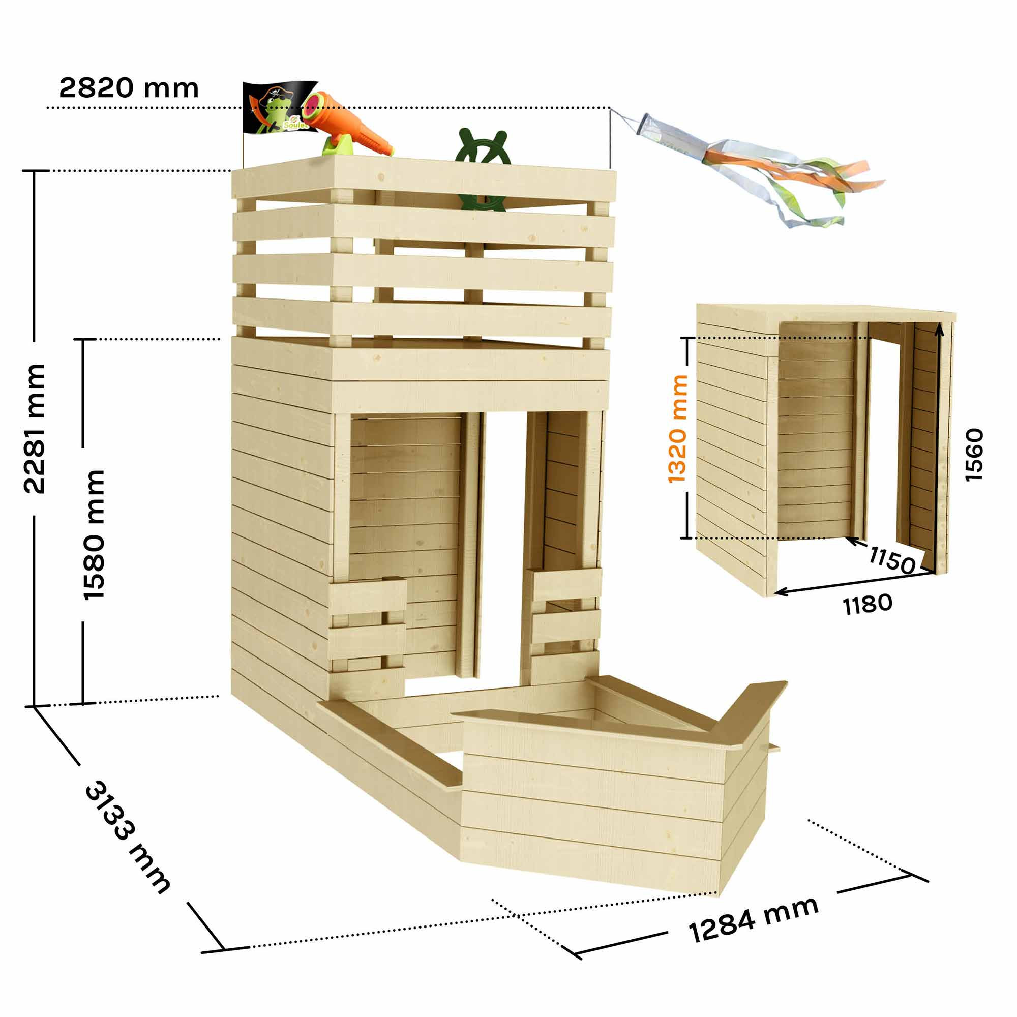 Relaxdays Bac à sable, bateau de pirate, banc, jardin, HLP : 136x200x95 cm,  espace extérieur, enfants, bois, multicolore