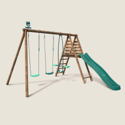Portique en bois avec plateforme 3 agrès et toboggan - Violette