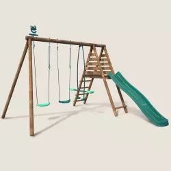 Balançoire en bois 3 agrès avec face à face et toboggan VIOLETTE