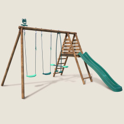 Portique en bois avec plateforme 3 agrès et toboggan - Violette - Vue 3/4 droite
