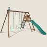 Portique en bois avec plateforme 3 agrès et toboggan - Violette - Vue 3/4 droite