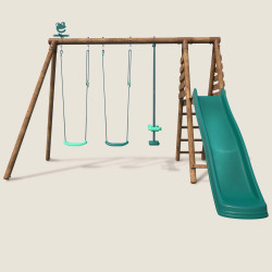 Portique en bois avec plateforme 3 agrès et toboggan - Violette - Vue de face